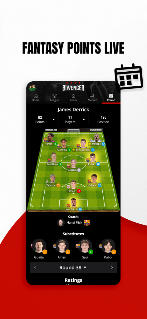 Biwenger app interface showing a soccer team lineup with live fantasy points and rankings