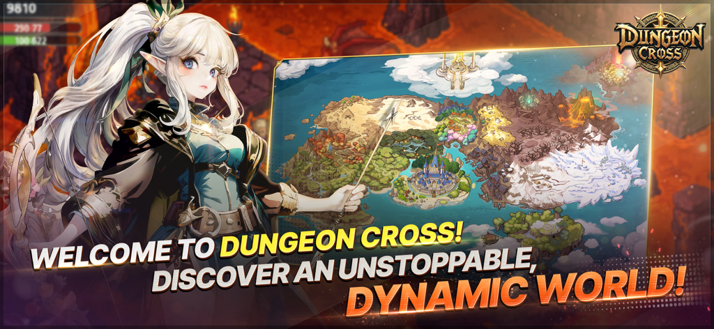 Dungeon Cross - Relic Hunter - Captura de tela do jogo Dungeon Cross Relic Hunter apresentando um mapa de mundo de fantasia e uma personagem de cabelo branco.