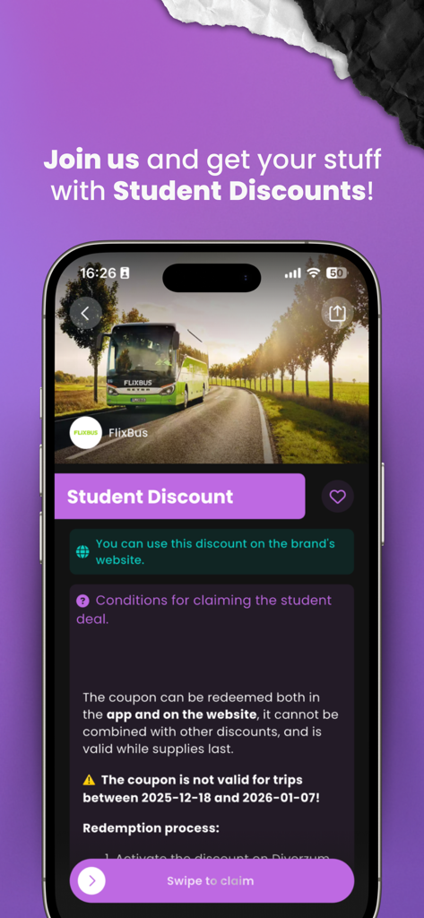 Diverzum - Student discounts - Diverzum app screen showing a FlixBus student discount deal with details on how to redeem