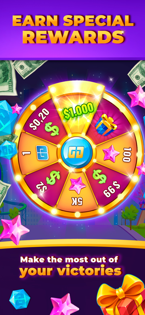 Una colorida rueda de premios en la aplicación Bingo Money que muestra posibles recompensas en efectivo y premios especiales.