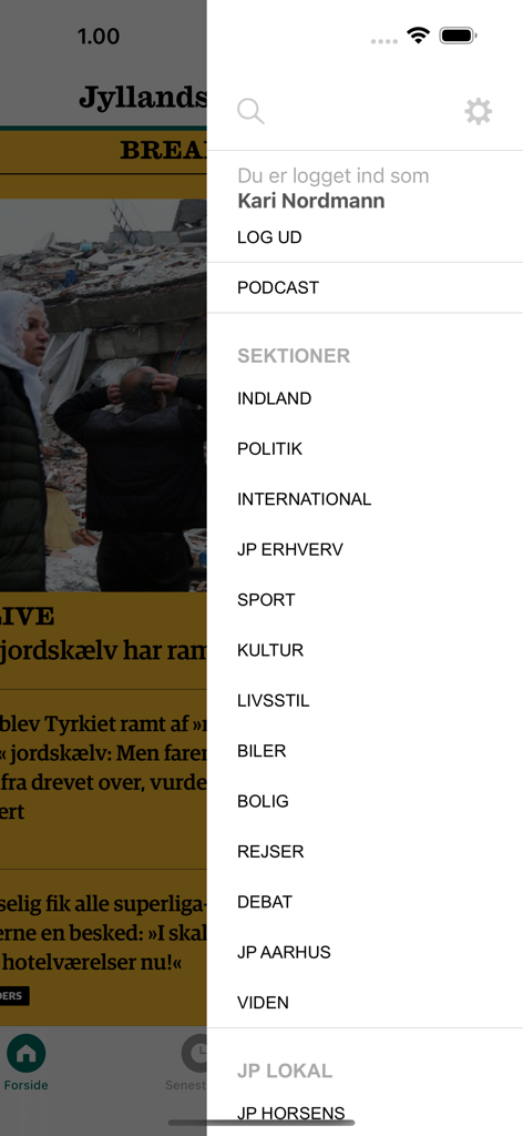 Jyllands-Posten Nyheder - Sidebar menu of the Jyllands Posten news app displaying article categories in Danish