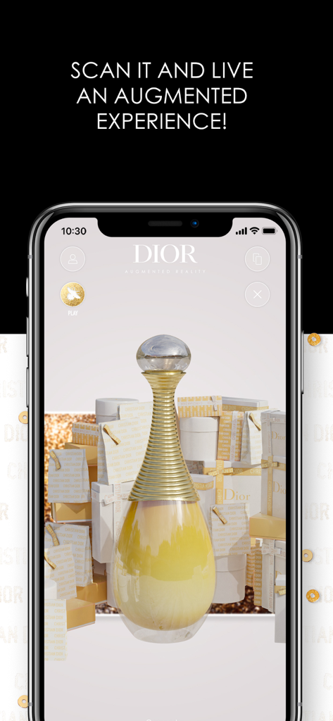 Augmented reality view of a Dior Jadore perfume bottle and gift boxes in the Dior AR app.