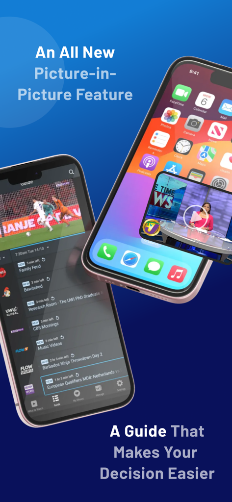 Dos smartphones mostrando el modo de imagen en imagen de la aplicación StreamBluu y una guía completa de programas de TV en vivo.