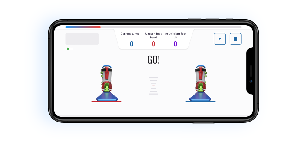 Pantalla de entrenamiento de la aplicación PRO SKI Simulator mostrando retroalimentación en tiempo real sobre la técnica de giro de esquí en un teléfono móvil.