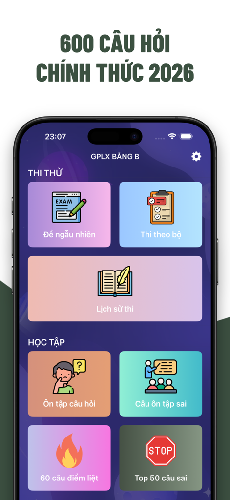 Interface of the Vietnamese driving license exam preparation app showing various study modes