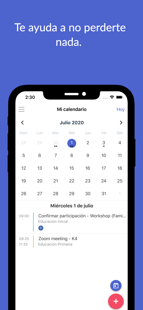 Handing - Handing app calendar interface showing school events and scheduled meetings for parents