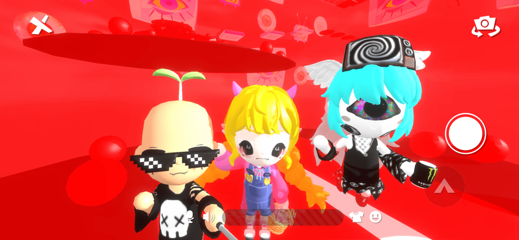 Três avatares 3D únicos socializando em uma sala virtual vermelha vibrante