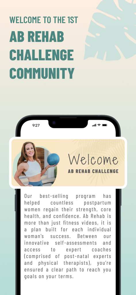 Birth Recovery Center - The Birth Recovery Center app welcome screen showing the Ab Rehab Challenge community details and postpartum recovery program info.