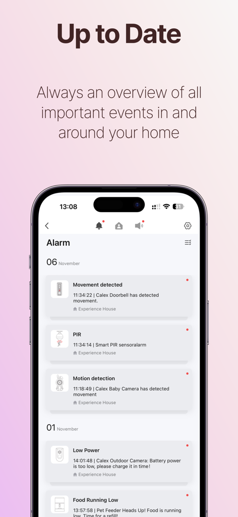 Calex Smart - Bildschirm der Calex Smart App zeigt eine Historie von Hausalarme und Gerätenotificationen.
