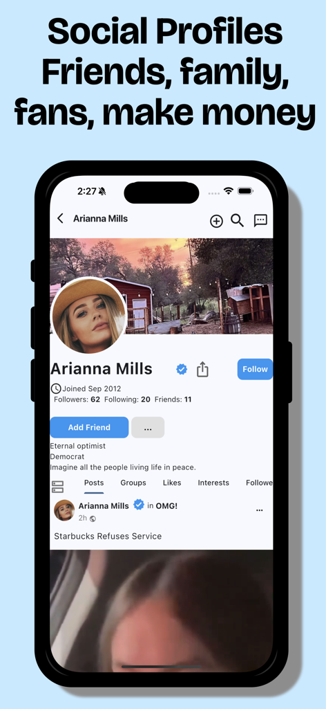 Faxo: Everything App - A screenshot of a social profile in the Faxo app showing profile details and follower counts