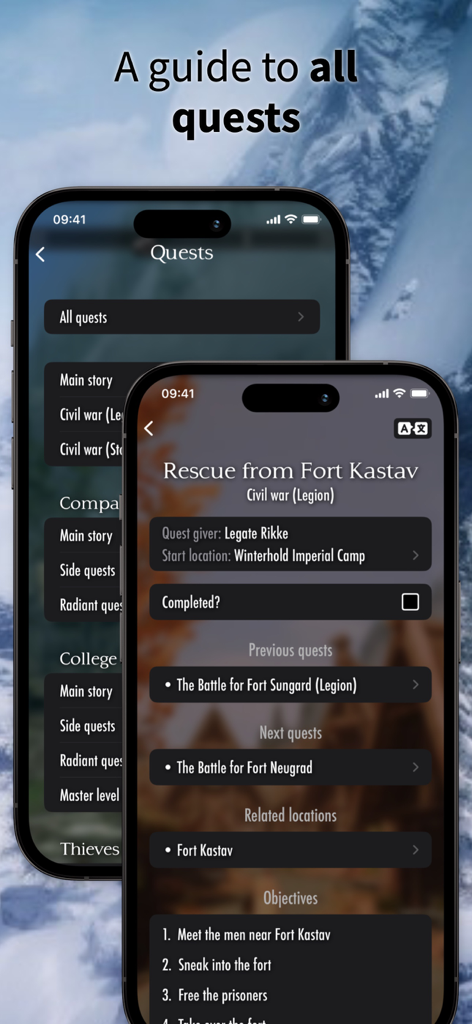 The Elder Scrolls Map - Interface of The Elder Scrolls Map app displaying a comprehensive guide and tracker for Skyrim quests.