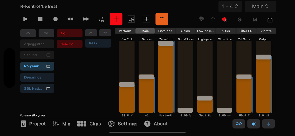 R-KONTROL - Interface do aplicativo de música R-KONTROL exibindo faders verticais e configurações de controle de sintetizador para estações de trabalho de áudio digital