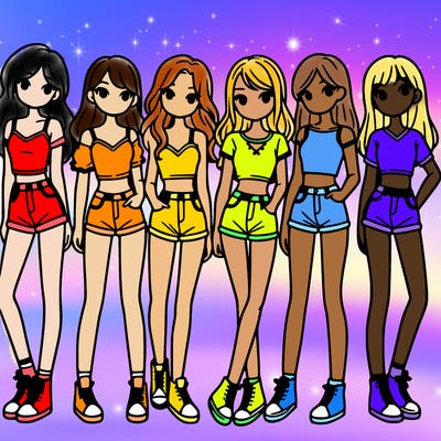 a group of girls wearing crop tops and shorts