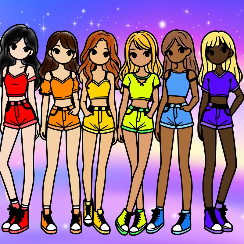 a group of girls wearing crop tops and shorts