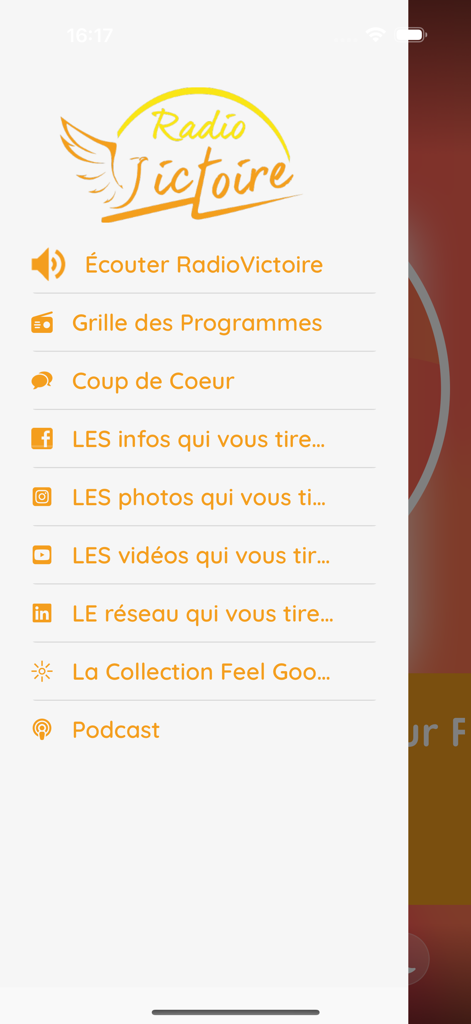 Side navigation menu of the Radio Victoire app showing options for podcasts and music