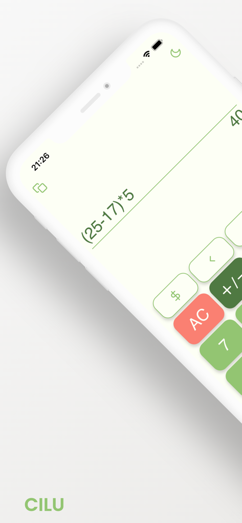 Calculator CILU - User interface of Calculator CILU showing a math equation with brackets and a cursor on an iPhone