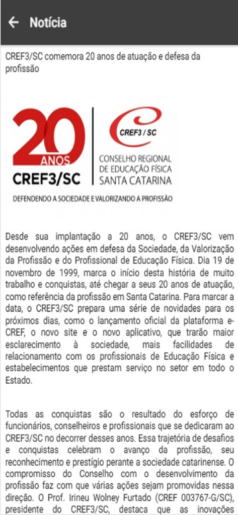 CREF3/SC - Artigo de notícias no aplicativo CREF3 SC celebrando 20 anos do conselho regional de educação física