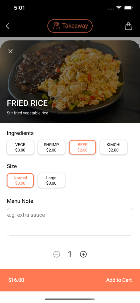 Order Now - Takeaway, Delivery - 포장용 재료 및 크기 사용자 정의 옵션이 있는 볶음밥 주문을 위한 모바일 앱 화면