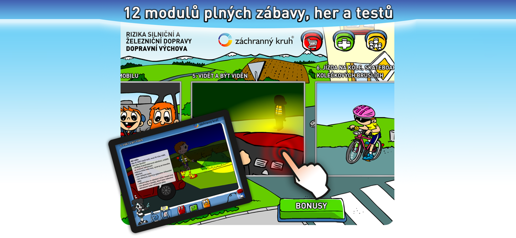 인터랙티브 게임과 안전 모듈이 포함된 체코 어린이 교통 교육 앱 인터페이스