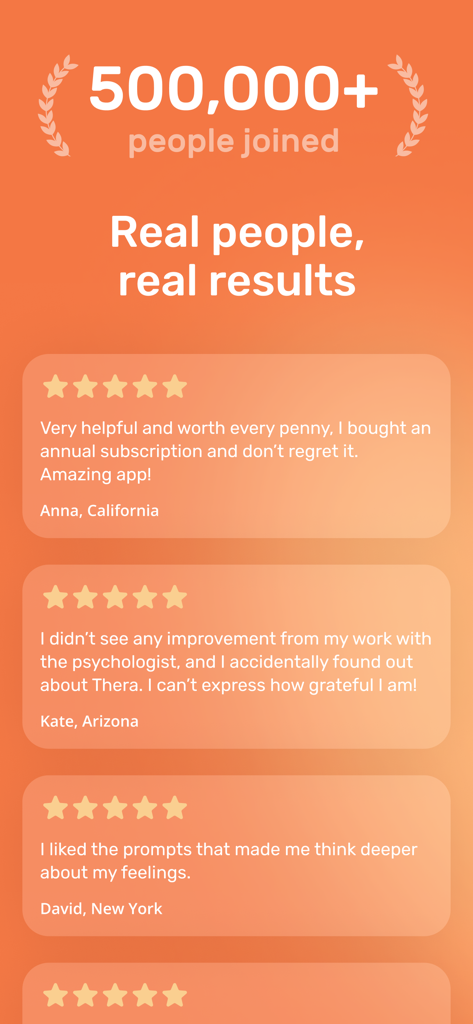 Positive user reviews and testimonials for Thera AI Mental Health Journal app