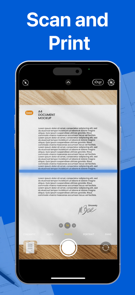 Mobile App-Oberfläche, die zeigt, wie ein Dokument von einer Smartphone-Kamera für den sofortigen Druck gescannt wird