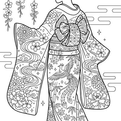 Discover the exquisite artistry of Japanese fashion with this stunning Geisha Kimono coloring page. Adorned with a magnificent phoenix, delicate cherry blossoms, and classic patterns, it offers a rich and rewarding coloring experience.