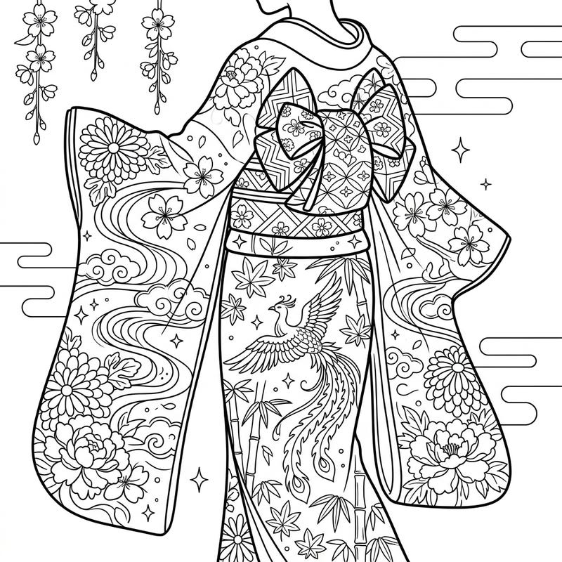 Discover the exquisite artistry of Japanese fashion with this stunning Geisha Kimono coloring page. Adorned with a magnificent phoenix, delicate cherry blossoms, and classic patterns, it offers a rich and rewarding coloring experience.
