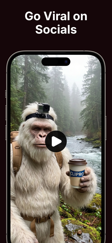 Clipro - AI Video Maker - Tela de smartphone exibindo um vídeo IA gerado de um yeti branco segurando uma caneca de café em uma floresta com o texto Vá Viral nas Redes Sociais.