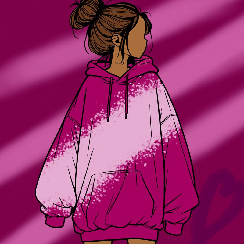 realistic girl with a oversized sweatshirt on and a bun