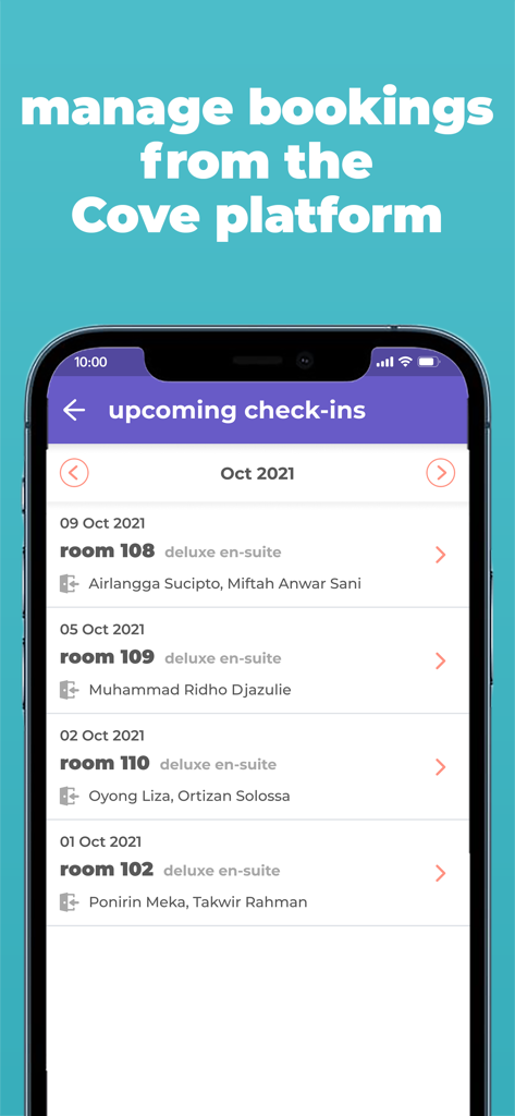Cove Property Management App - Cove Property Management App screen displaying a list of upcoming guest check ins