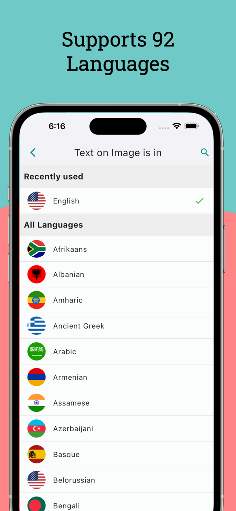 Copy Text On Screen - Mobile app screen showing a list of over 92 supported languages for text extraction and OCR