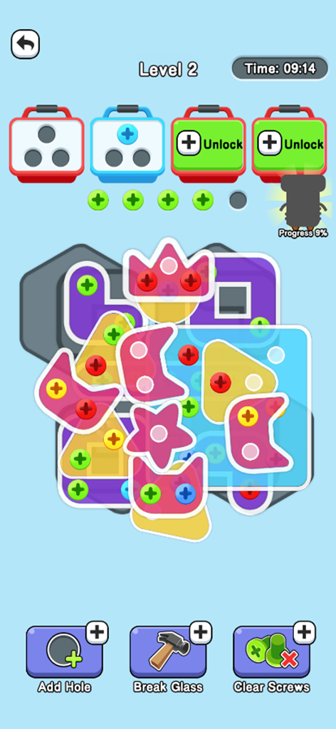 Screw Out:Screw Pin Jam Puzzle - Mobile game interface of Screw Out featuring a level with colorful screw puzzles and power-ups