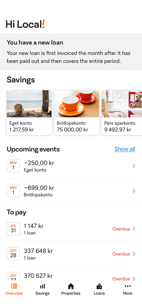 SBAB app overview screen showing savings balances and upcoming loan payments