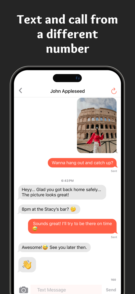 Texter: Second Texting Number - Mobile app interface for Texter showing a private text message conversation with a contact.