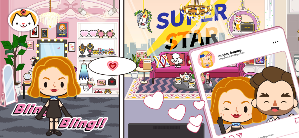 Miga Town : Game & TV Shows - A split screen showing a character in a dressing room and a superstar-themed living room with a social media frame.