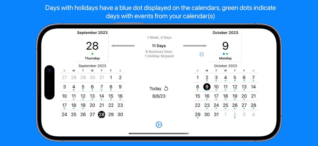 Time Jump - Date Calculator - La aplicación Time Jump muestra calendarios uno al lado del otro calculando días y días hábiles