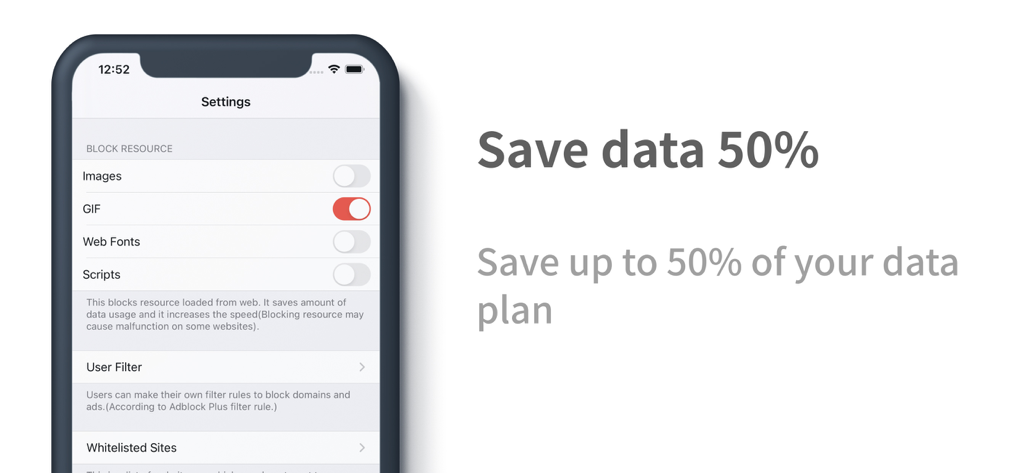 Unicorn Blocker:Adblock - Smartphone screen showing Unicorn Blocker settings to save up to 50 percent of mobile data by blocking GIFs and scripts