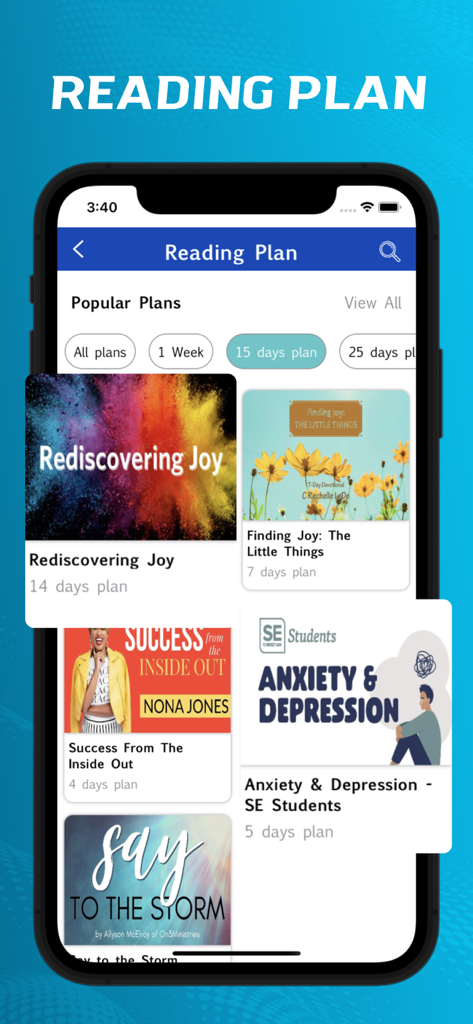 Hebrew Bible. - A mobile screen from the Hebrew Bible app displaying various devotional reading plans such as Rediscovering Joy and Anxiety and Depression.