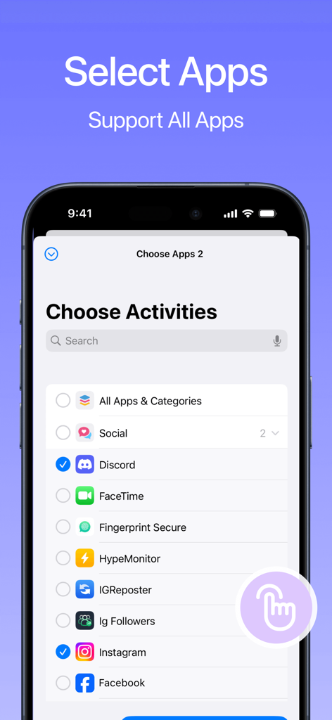 Screen showing a list of mobile apps with selection checkboxes for locking in the Calculator AppLock application
