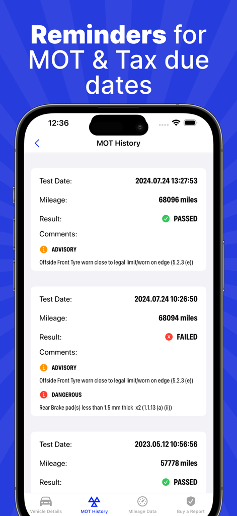 Pantalla que muestra el historial detallado de la ITV, incluidas las fechas de las pruebas, el kilometraje y los resultados de aprobado o no.