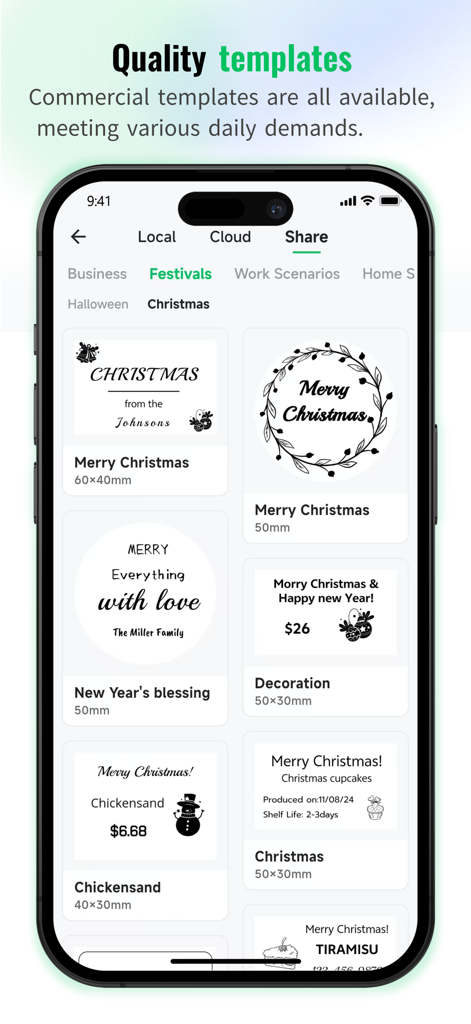 A smartphone screen displaying various Christmas and holiday themed label templates in the FlashLabel Pro app