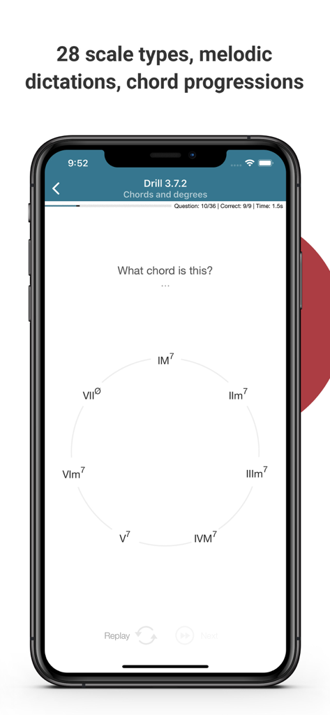 Interface de l'application Complete Ear Trainer montrant un exercice d'identification d'accords avec degrés musicaux