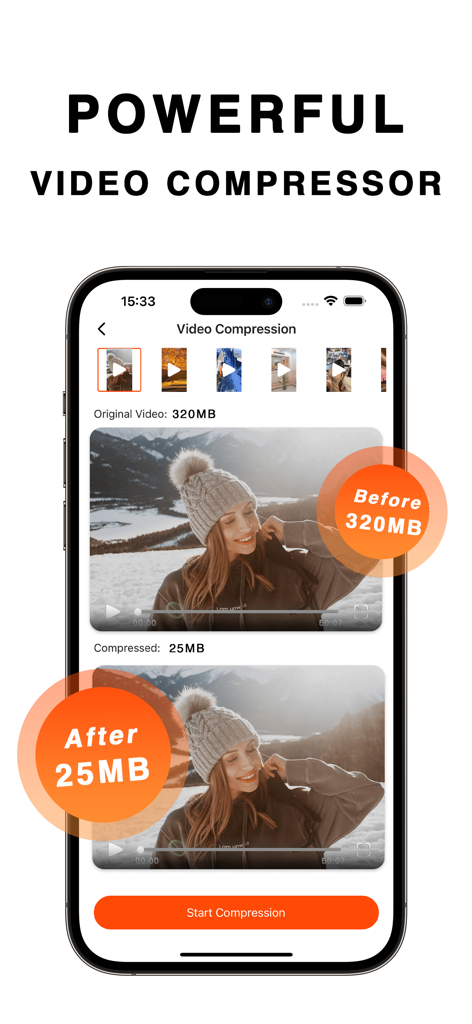 Video Compressor & Converter - Shotcut 모바일 앱 인터페이스, 비디오 크기가 320MB에서 25MB로 줄어드는 것을 보여줌