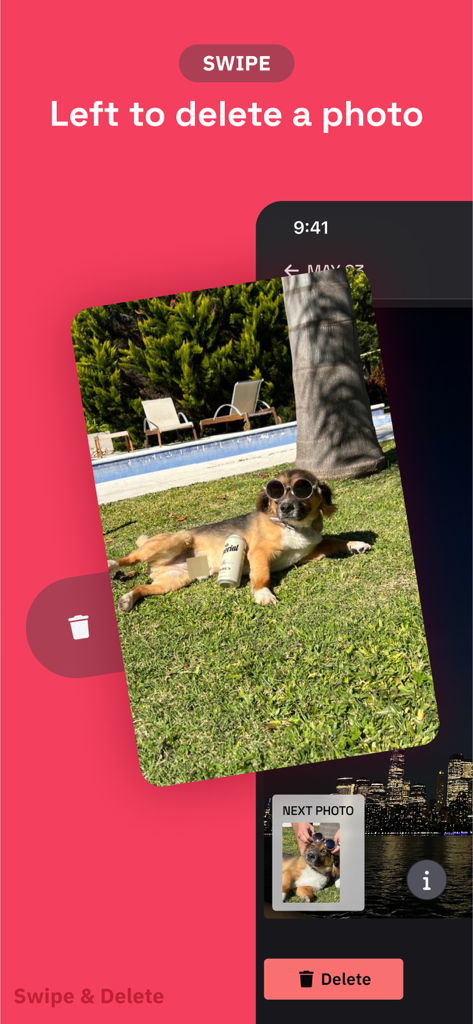 Swipe Delete: Photo Declutter - Interfaz de la aplicación móvil mostrando una foto siendo deslizada hacia la izquierda para eliminarla de la galería.