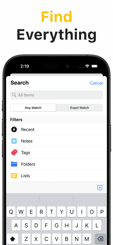 Interface de recherche d'inventaire Boxflow avec des filtres pour les étiquettes, les dossiers et les listes