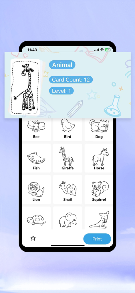 Interface of the Jadens Printer app showing a collection of animal line art cards ready for DIY printing.