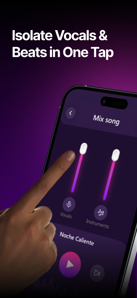 Vocal Remover: Music Separator - Smartphone screen showing sliders for isolating vocals and instruments in the Vocal Remover app