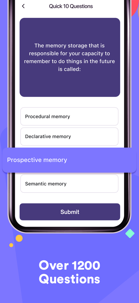 A practice question screen from the EPPP Exam Prep 2025 app showing a psychology multiple choice question on memory types.