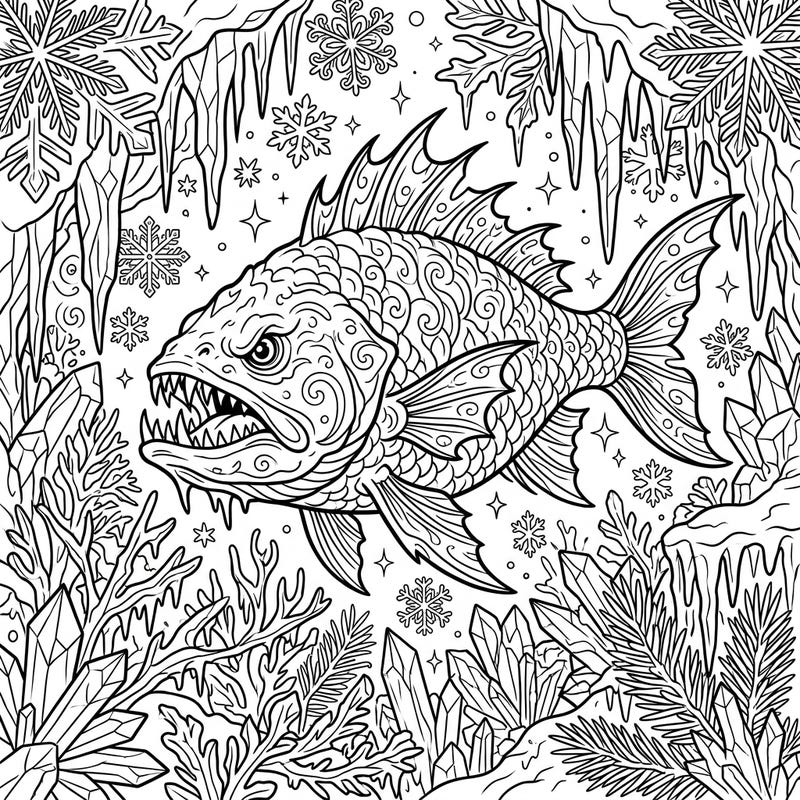 Embark on an epic coloring journey with this stunning gargantuan fish, a true monster of the icy depths. Surrounded by a breathtaking winter wonderland, this intricate design offers a thrilling challenge for colorists of all levels.