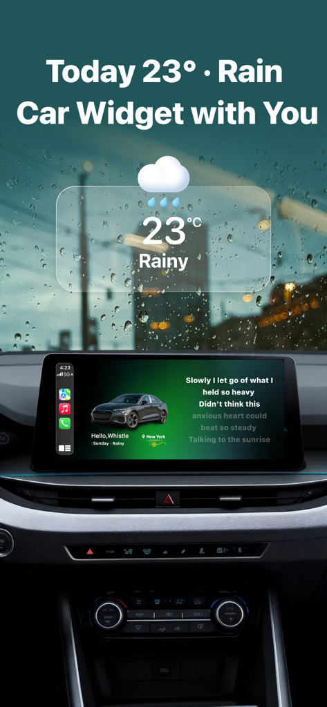 Interface de tableau de bord de voiture montrant un widget météo personnalisé et des paroles de chansons défilantes.